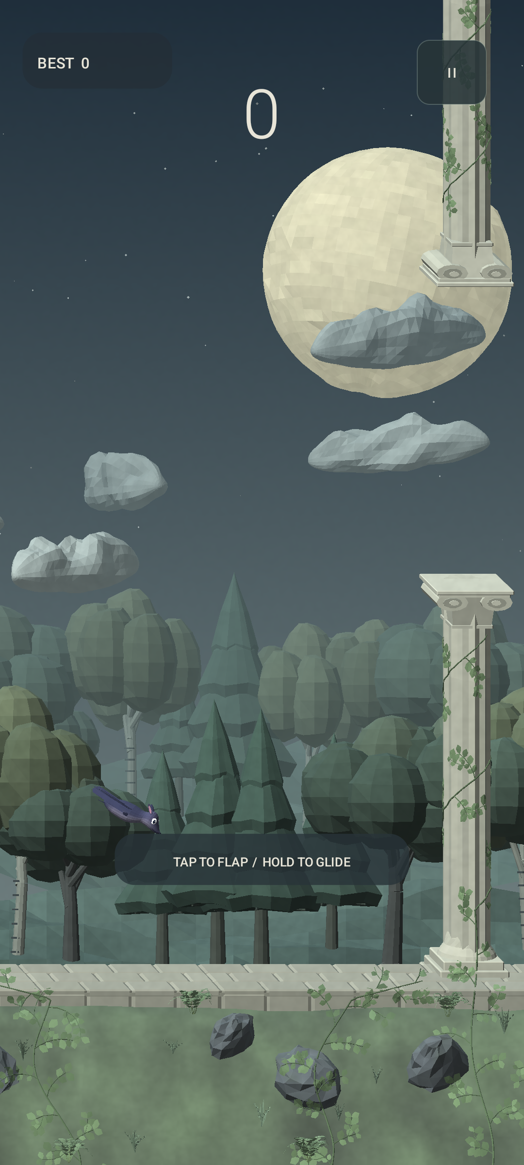 TapBat development gameplay: a bat flies toward a gap between stone columns above rocks and ferns.