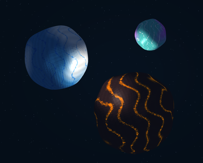 Procedurally generated ice, crystal and lava planets, with faceted terrain and glowing molten seams.